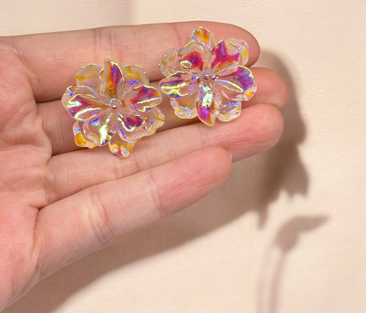 Clear - flower stud earrings | pearlescent petals | minimalist hoop iridescent gold floral earrings | bridal party
