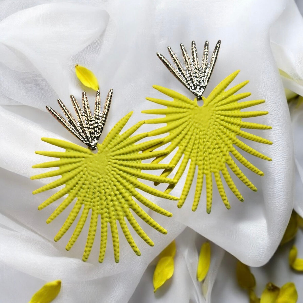 Geometric - Starburst Flower petal spiky leaf Gold statement earrings | dangly drop earrings | oversize floral earrings | lightweight party earrings