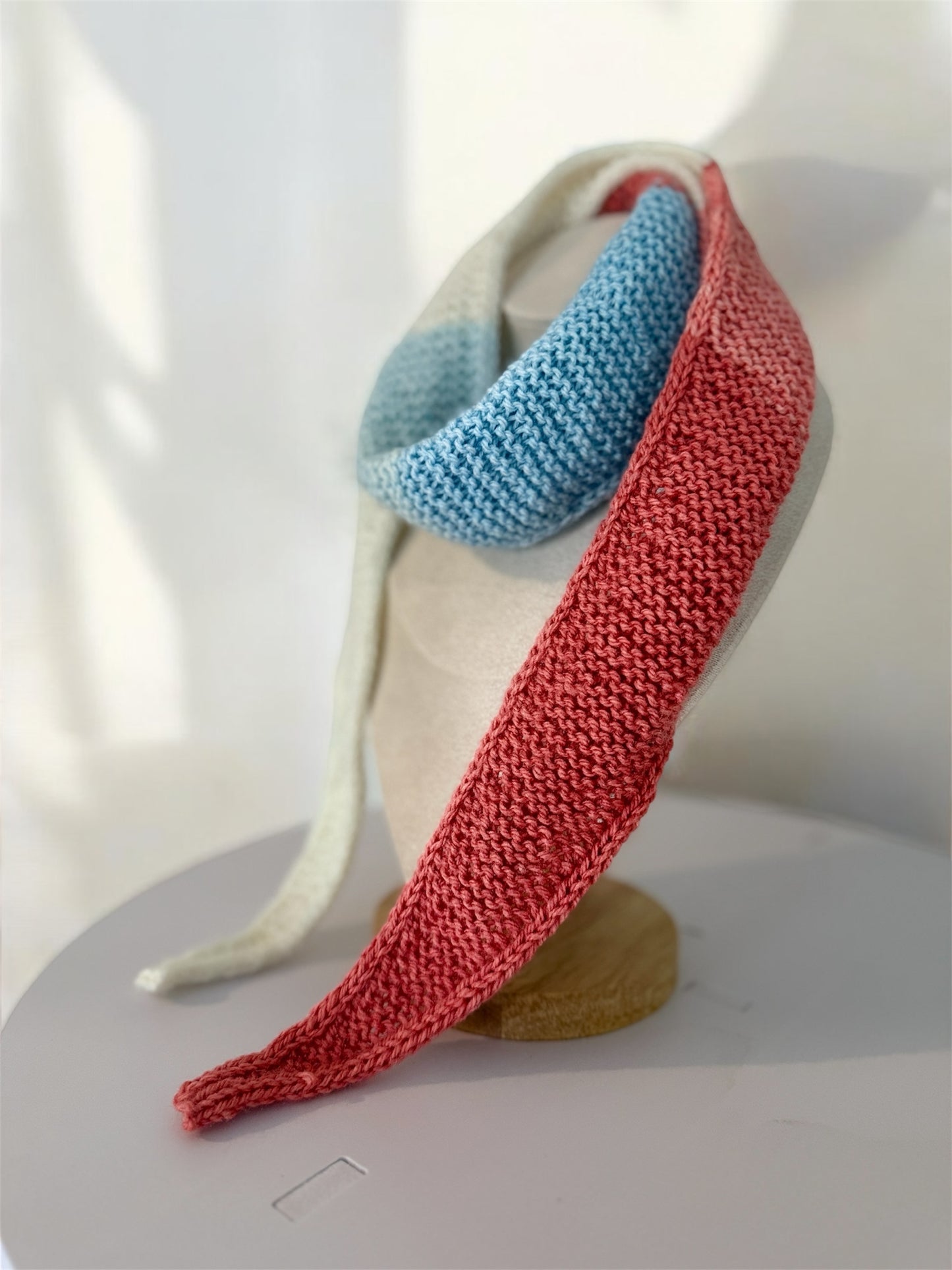 Sophie scarf in red blue and white tricolour | hand knit neckechief | winter wrap | small skinny scaf | handmade gift | tiktok viral scarf