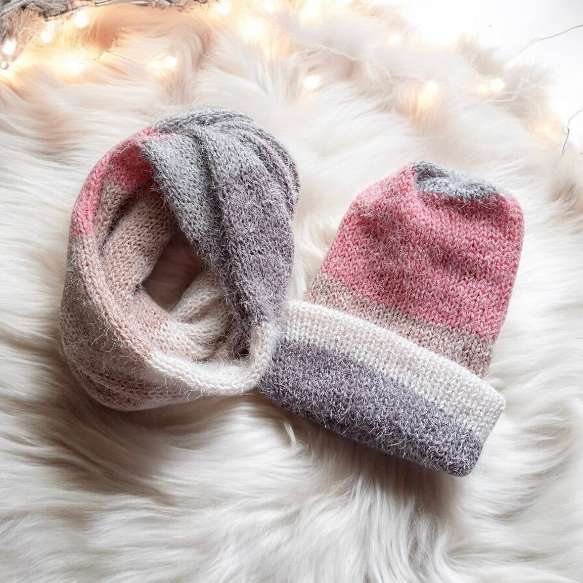 Handmade Double layered hand Knit beanie and circular scarf set | Winter Knit Hat foldable | matching scarf | soft and cozy (pink)