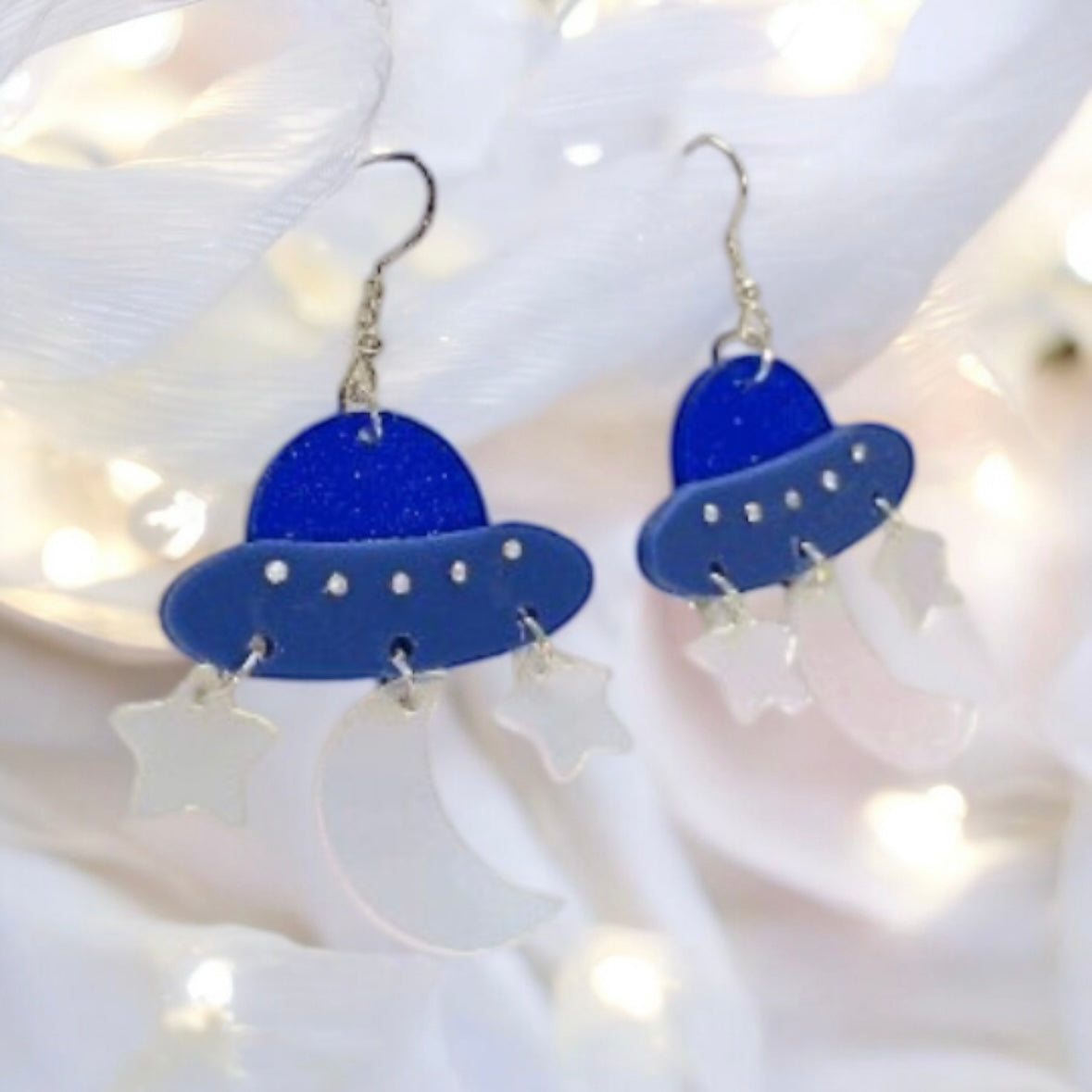 Quirky - Blue planet earrings | spaceship ufo earrings | colourful clear iridescent dangle earrings | halgoram fun earrings