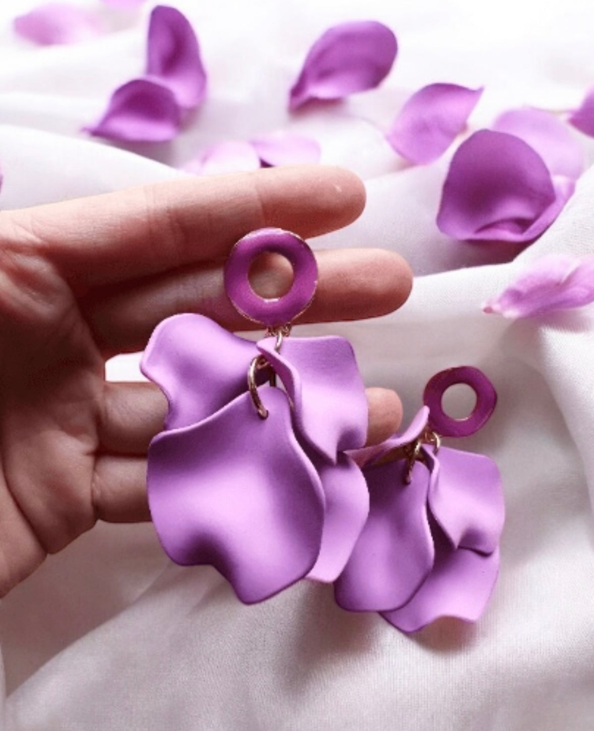 Purple - Lilac flower earrings |dangly earrings | matte petals colour statement earrings | unique gold geometric floral earrings - TuttyKnitty