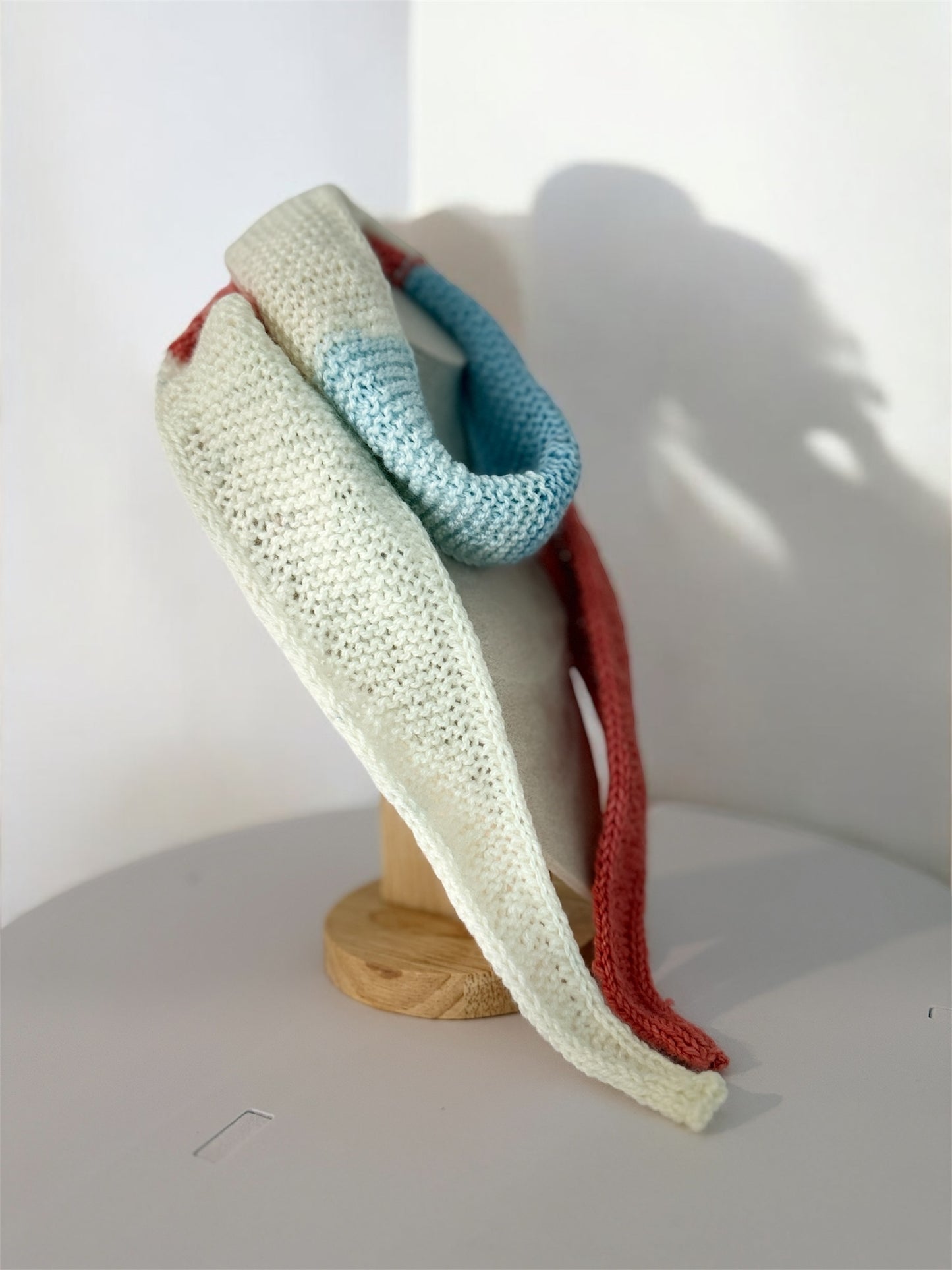 Sophie scarf in red blue and white tricolour | hand knit neckechief | winter wrap | small skinny scaf | handmade gift | tiktok viral scarf