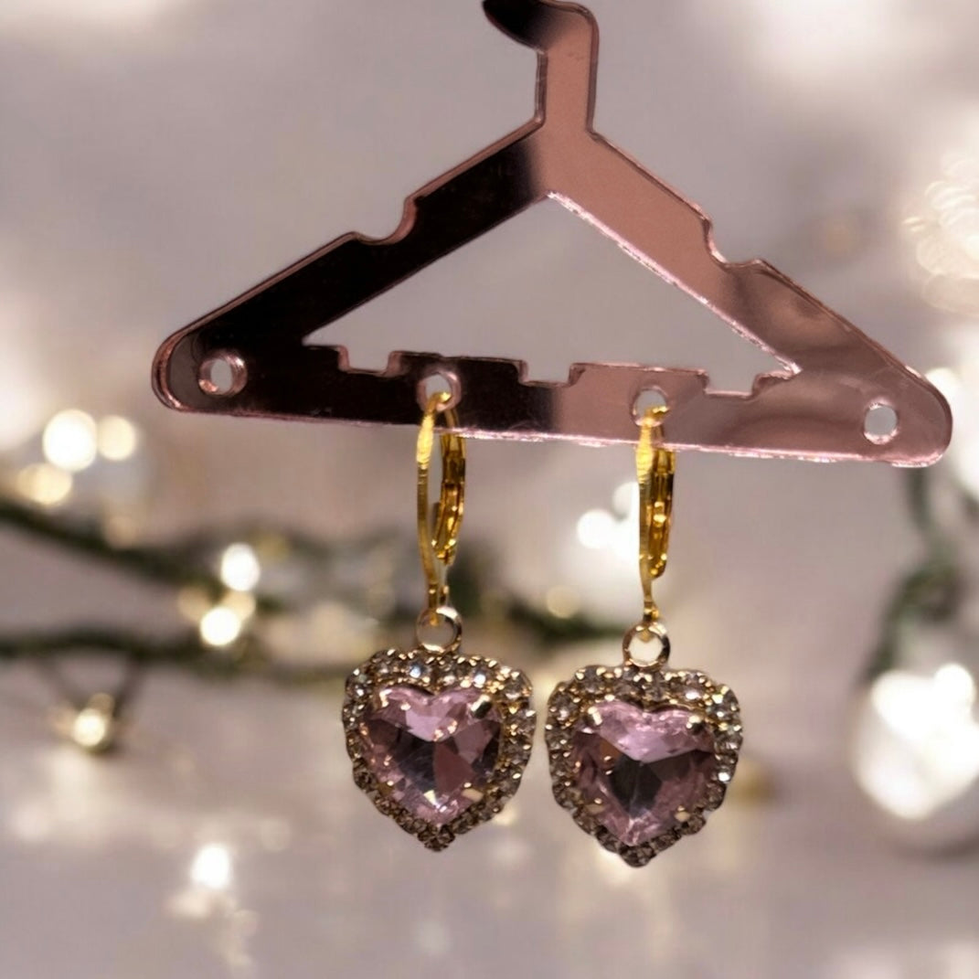 Minimalist - Pink rhinestones heart huggie | glittering diamante mini huggie earrings