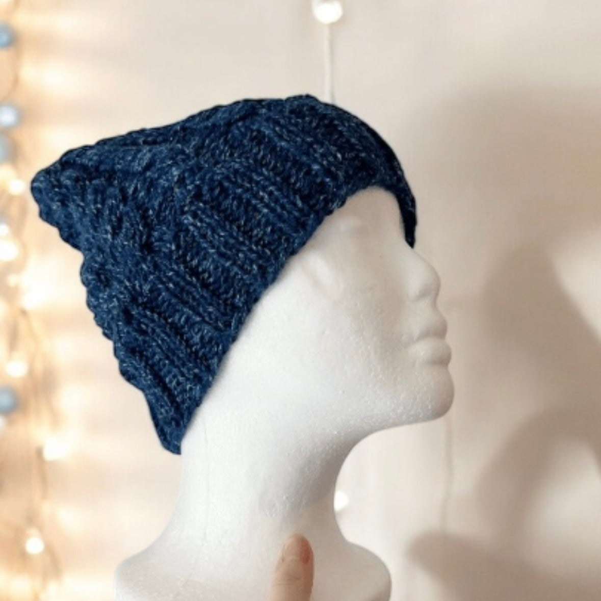 Hand knit Dark Blue Cable Knitted Beanie with Denim Effect | blue knit hat | adult women or men beanie | Winter knit slouchy hat