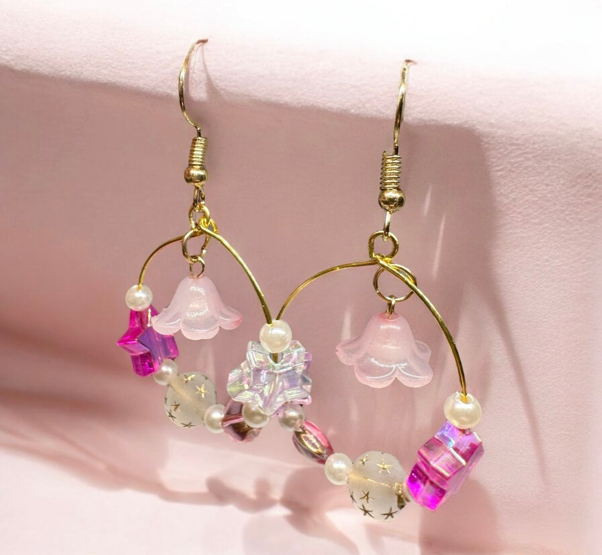 Whimsical - Flowers and star hoop earrings