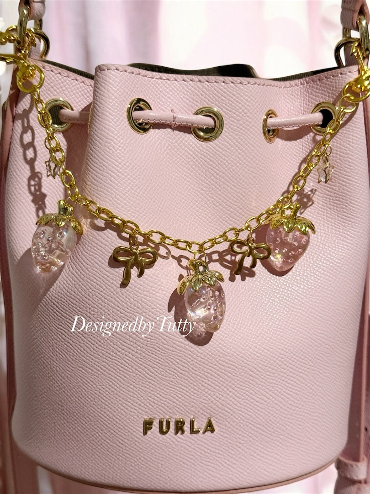 Pink strawberry bag charm | key chain | golden chain with golden buckle | y2k chain | bag lover gift