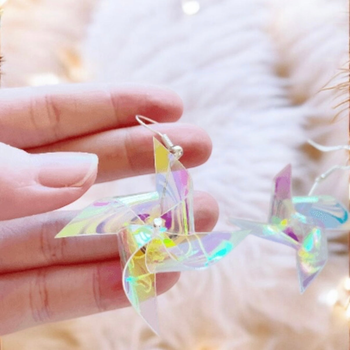 Y2K - Iridescent windmill earrings | transparent hologram pinwheel kawaii dangle earrings | pop art aesthetic y2k fun drop earrings
