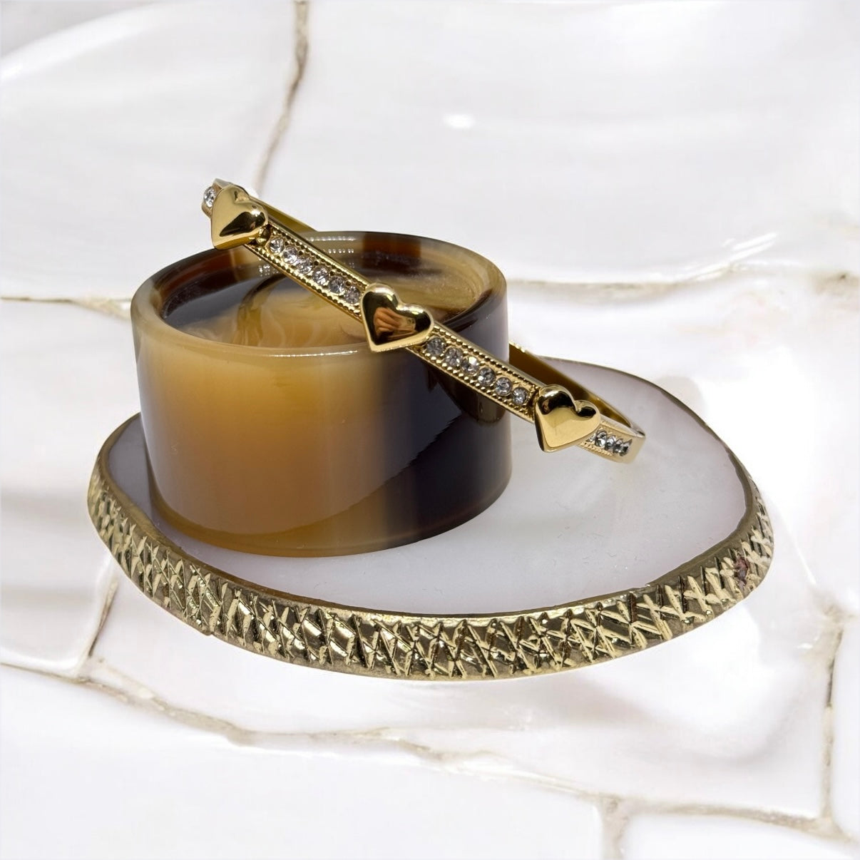 Gold bangle with heart | rhinestones embossed