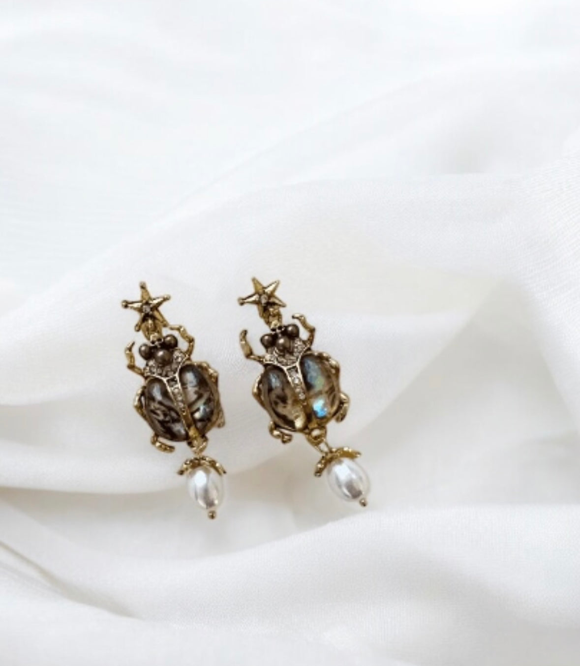 Fauna - Golden beetle earrings | colourful stone earrings with pearls | gold beetle flying insect statement earrings | modern retro earrings