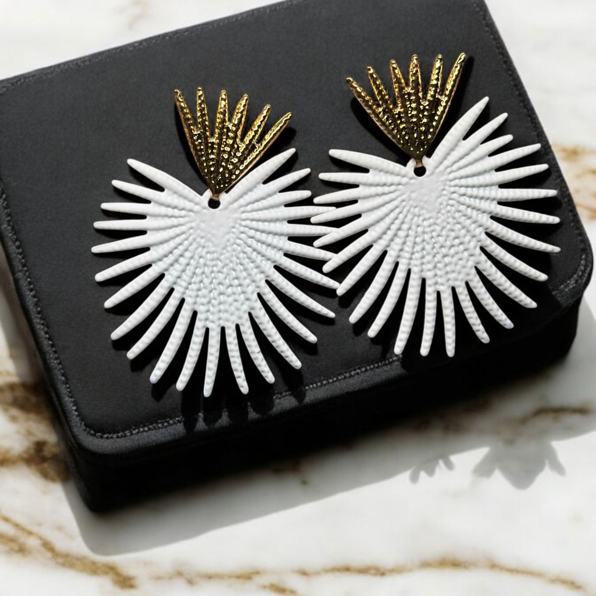 Geometric - White Starburst Flower petal spiky leaf Gold statement earrings | dangly drop earrings | oversize floral earrings | lightweight party earrings