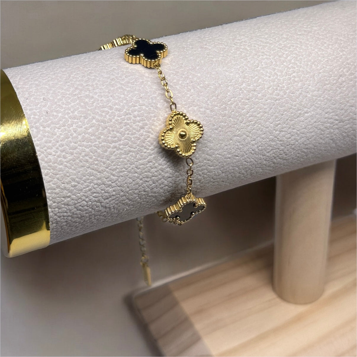 Golden bracelet with clover charm black and gold colour | stainless steel shinny decor bracelet