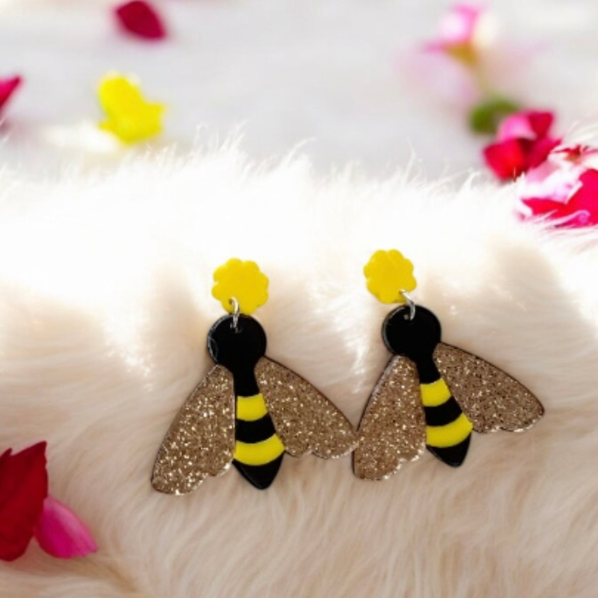Quirky - Glitter honey bee earrings | Animal zoo earrings | colourful glitters dangle oversize earrings | christmas fun cute kawaii gift