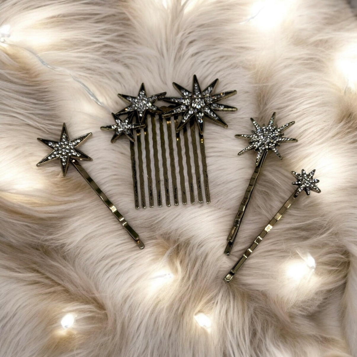 4 pack gold plated glitter stars hair clips and comb with rhinestones | korean hair accessories | vintage celestial hair slides