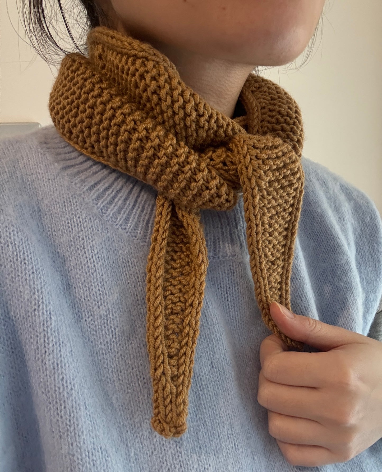 Sophie scarf in dark sand | hand knit neckechief | winter wrap | small skinny scarf | handmade gift | tiktok viral scarf | wool yarn