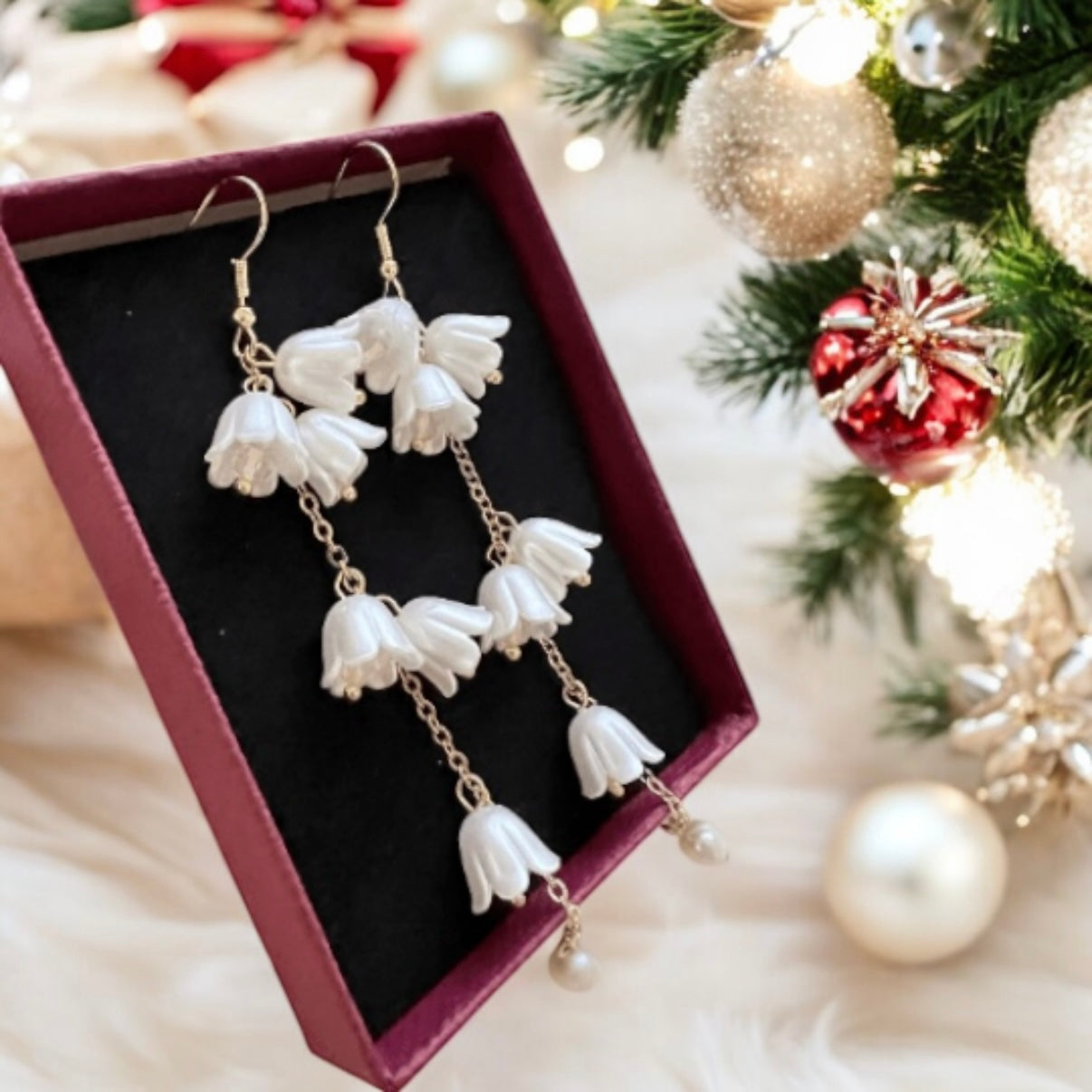 Whimsical - Lily of the valley earrings |Kawaii cute fun chain earrings | korean art colourful dangle | white or pink frosted flower bridal earrings - TuttyKnitty
