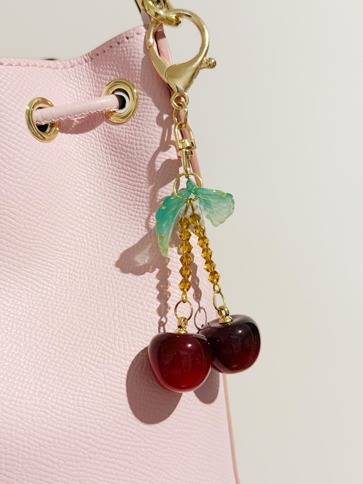 Cherry bag charm | key chain | golden chain with flowers and leaf