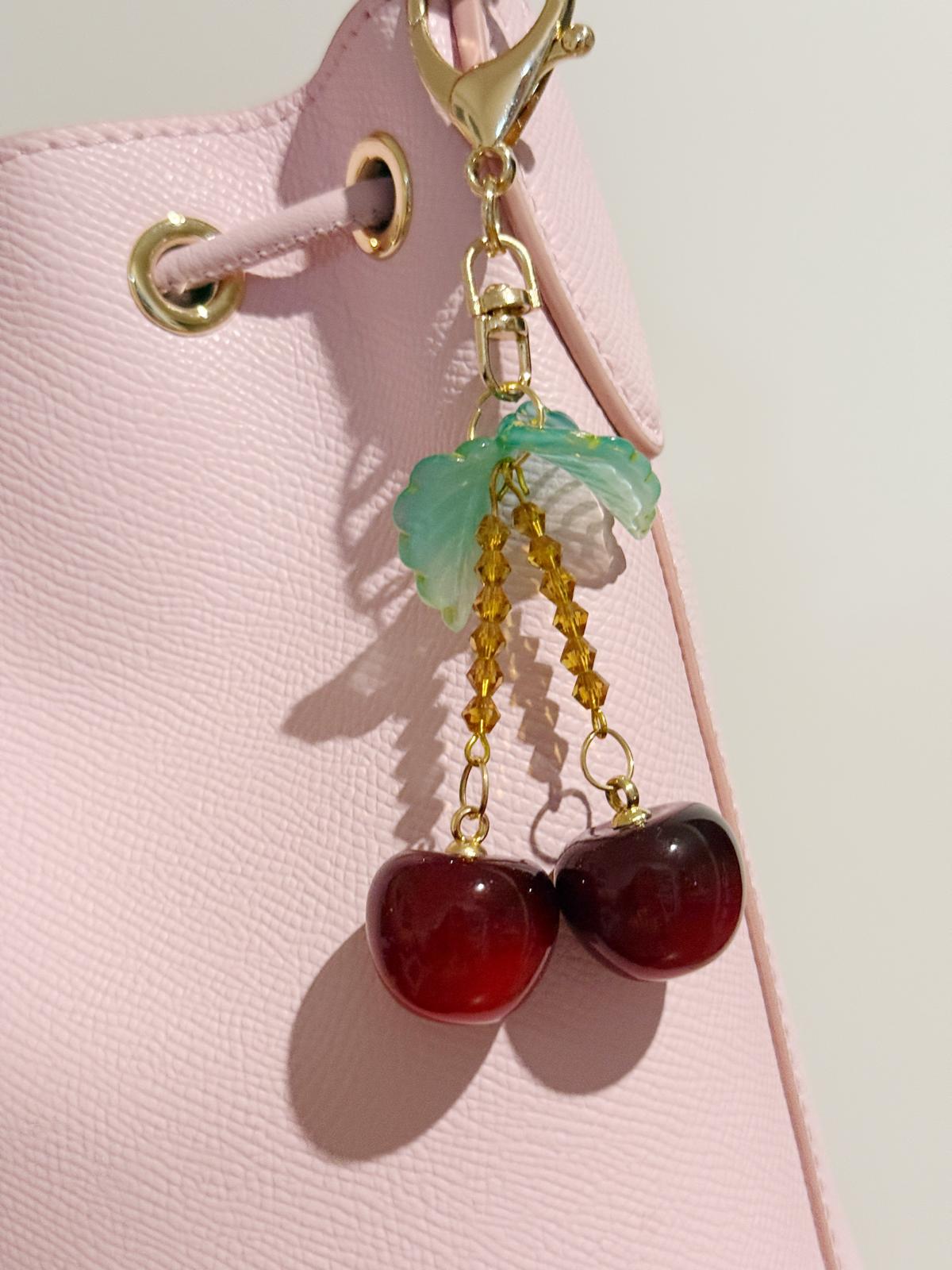 Cherry bag charm | key chain | golden chain with flowers and leaf