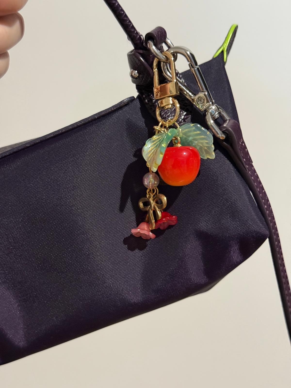 Cherry bag charm | key chain | golden chain with flowers and leaf