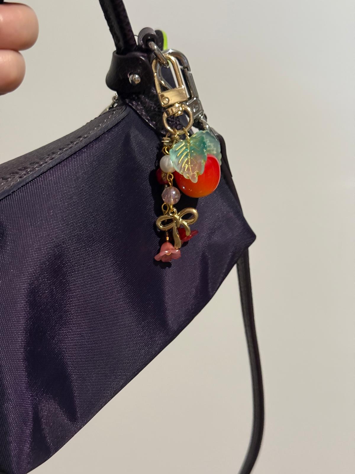Cherry bag charm | key chain | golden chain with flowers and leaf