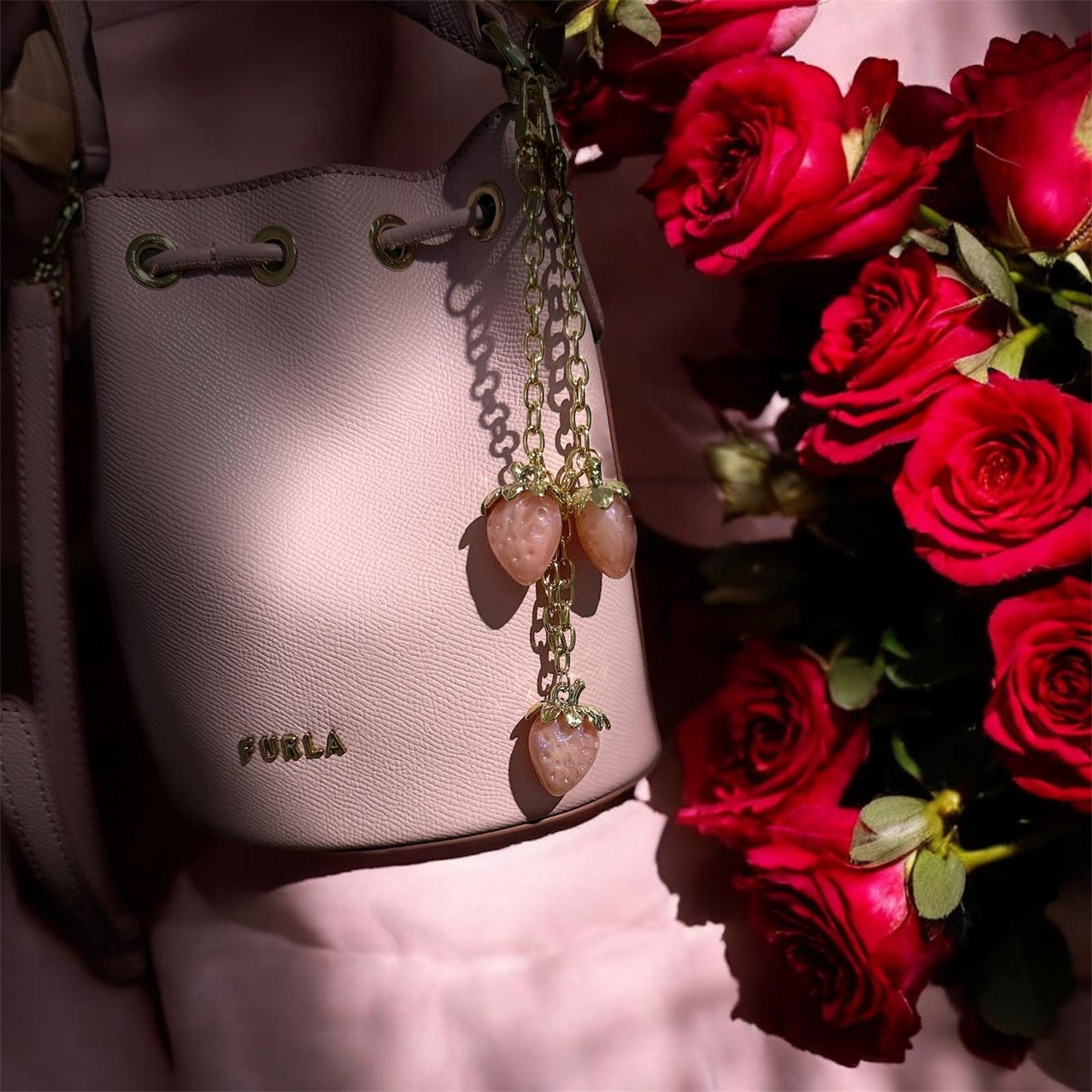 Pink strawberry bag charm | key chain | golden chain with golden buckle | y2k bag chain | bag lover gift