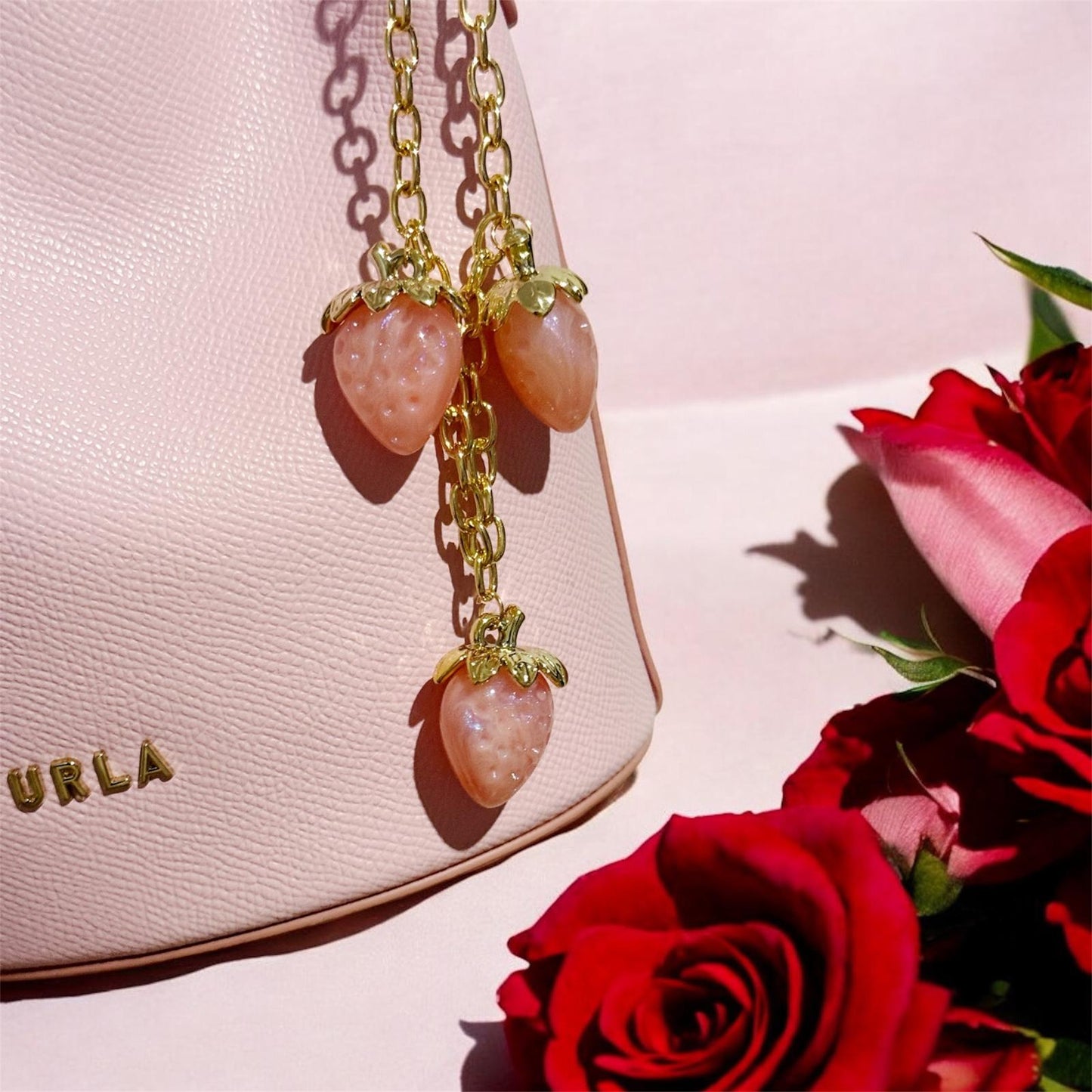 Pink strawberry bag charm | key chain | golden chain with golden buckle | y2k bag chain | bag lover gift