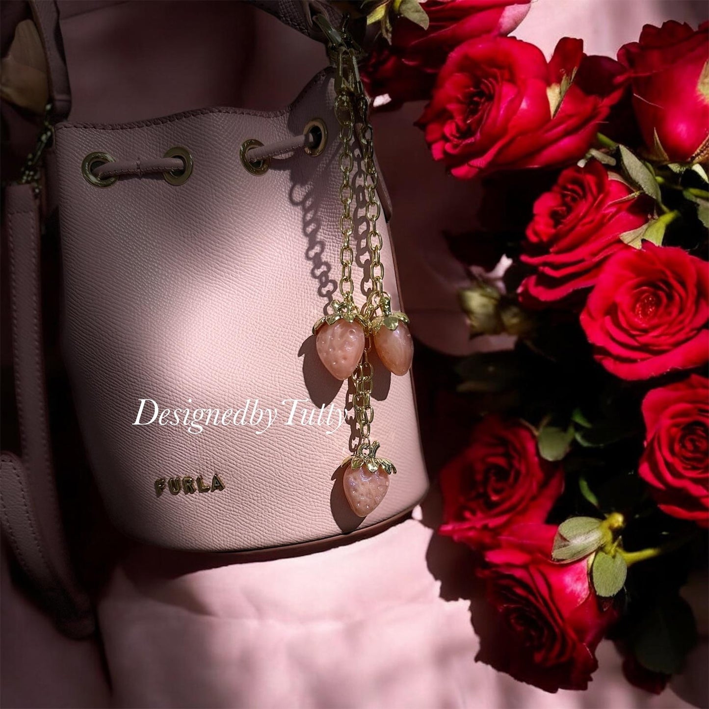 Pink strawberry bag charm | key chain | golden chain with golden buckle | y2k bag chain | bag lover gift