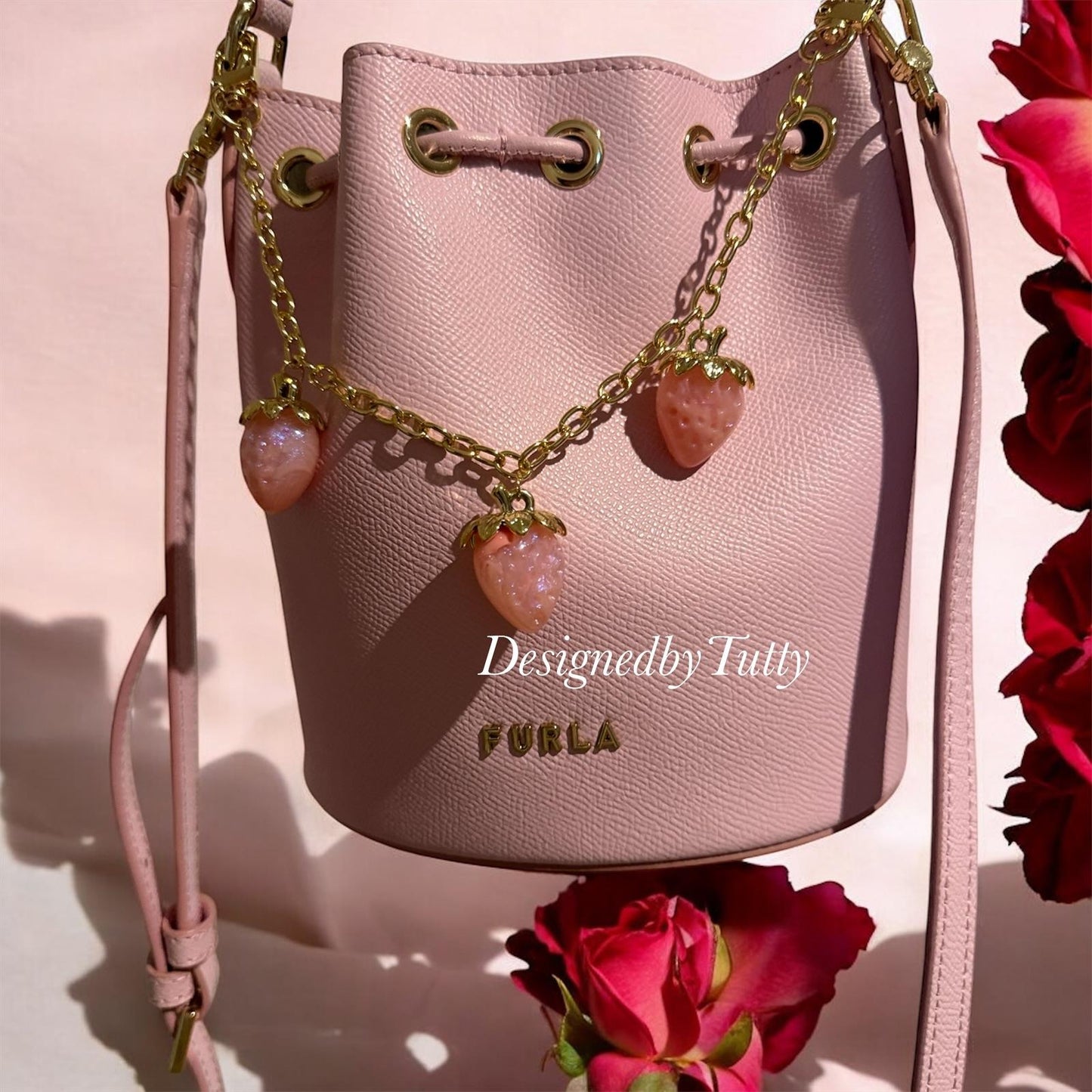 Pink strawberry bag charm | key chain | golden chain with golden buckle | y2k bag chain | bag lover gift