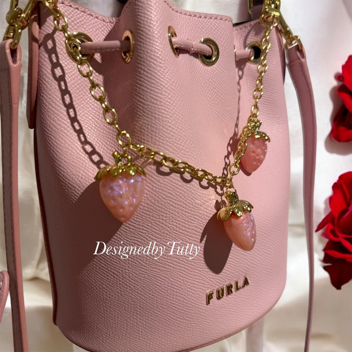 Pink strawberry bag charm | key chain | golden chain with golden buckle | y2k bag chain | bag lover gift