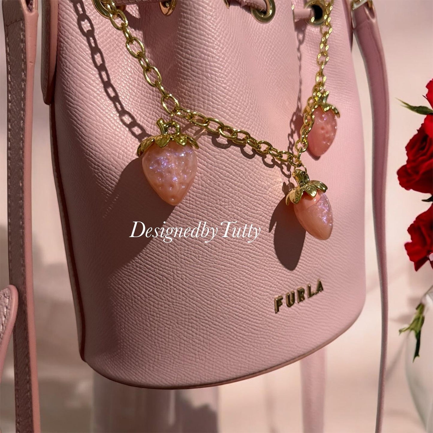 Pink strawberry bag charm | key chain | golden chain with golden buckle | y2k bag chain | bag lover gift
