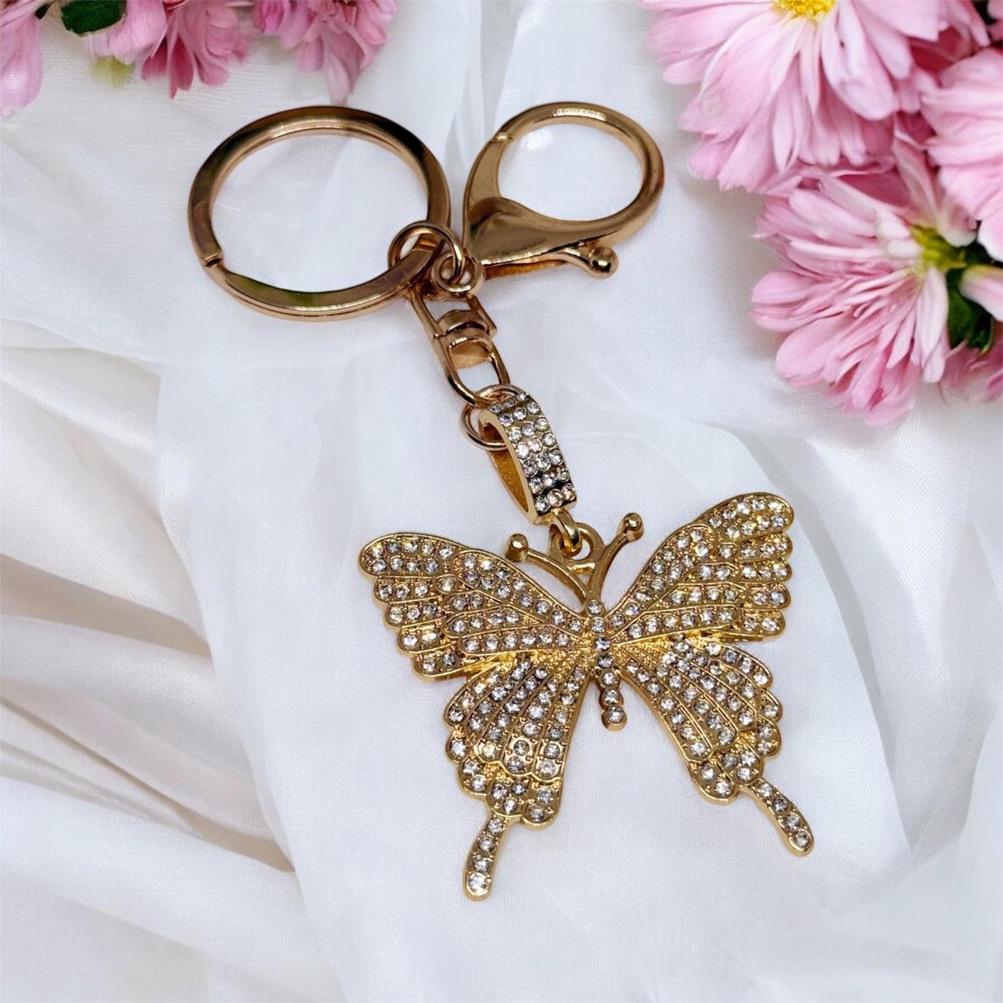 Butterfly pendant keychain | faux pearl| bag charm | double ring