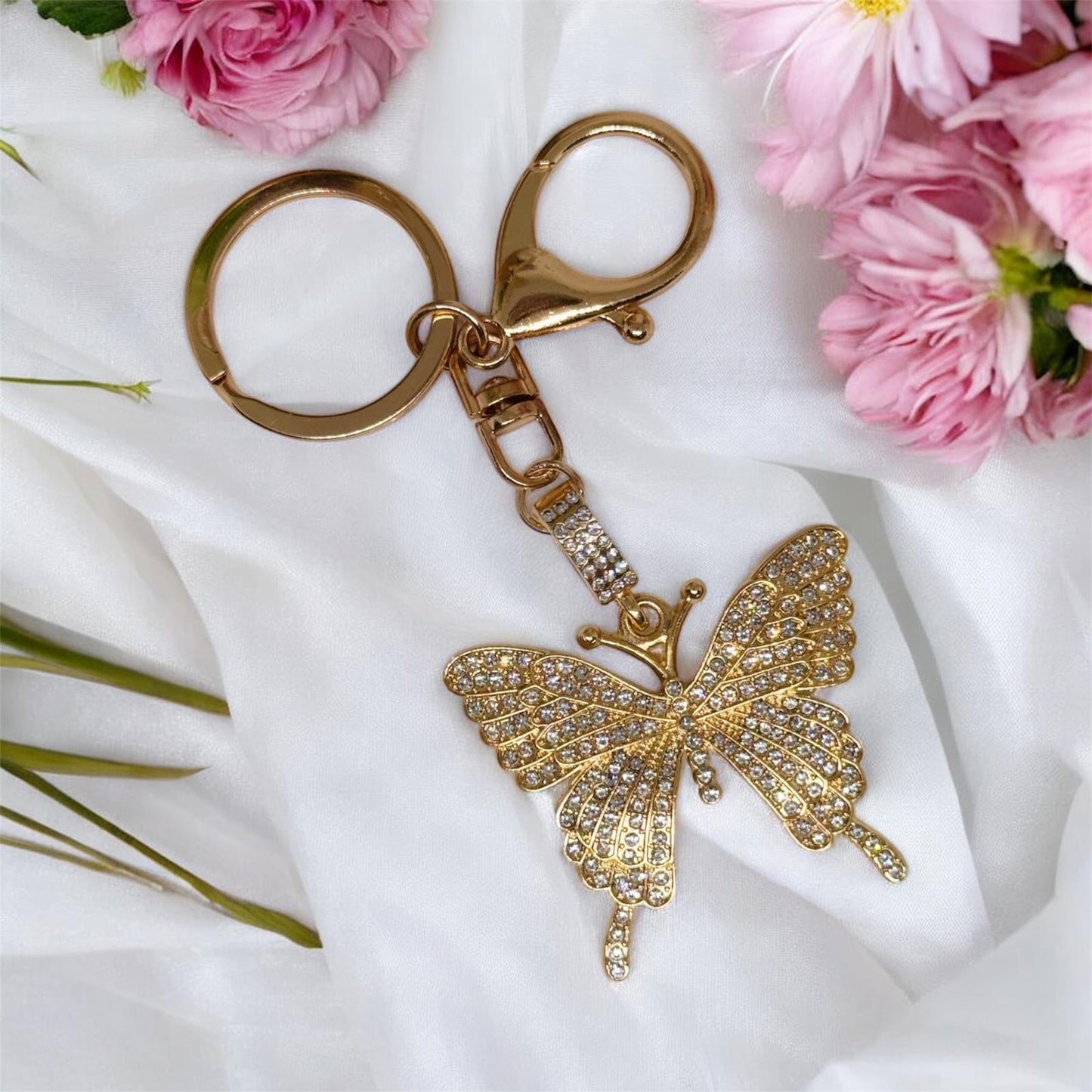Butterfly pendant keychain | faux pearl| bag charm | double ring