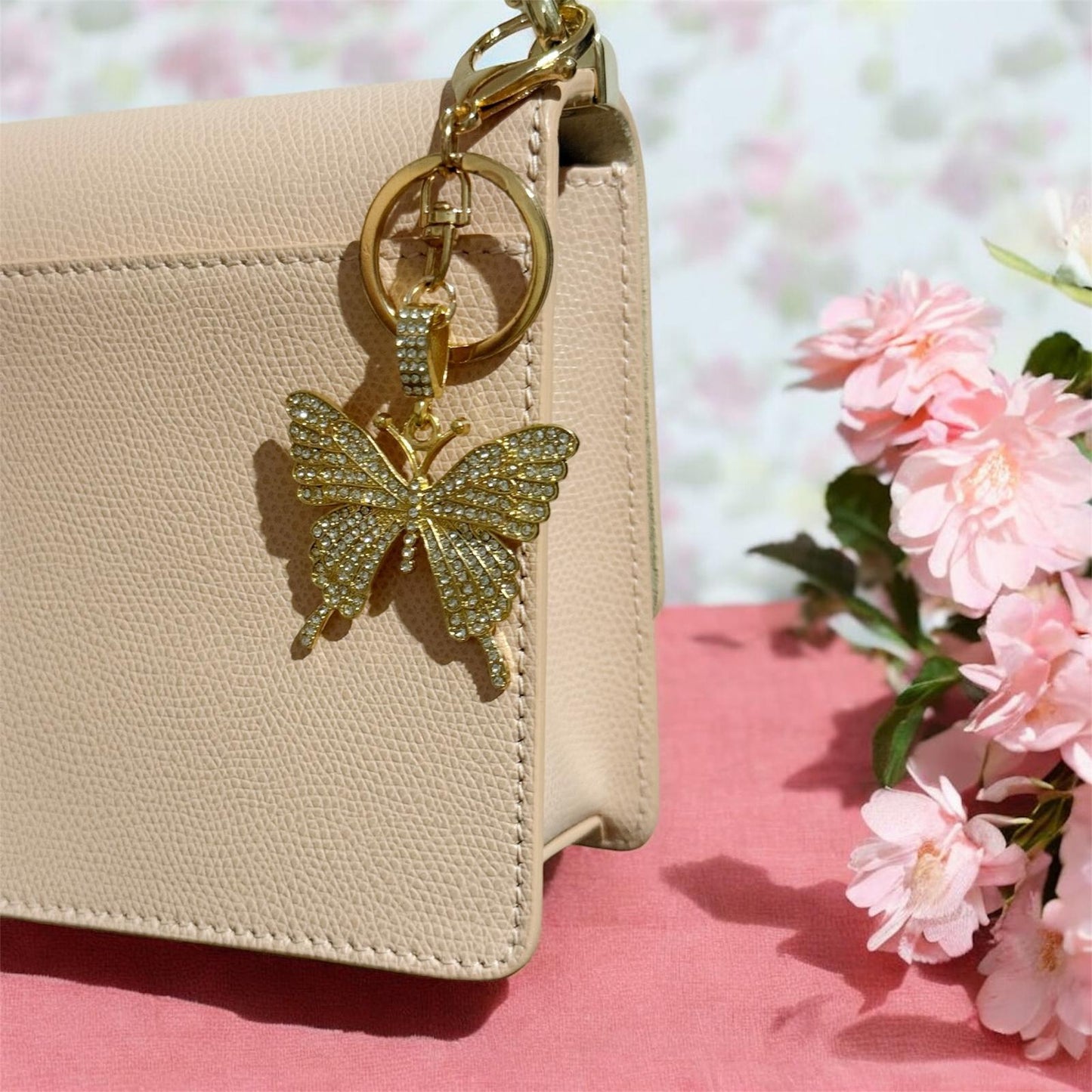 Butterfly pendant keychain | faux pearl| bag charm | double ring