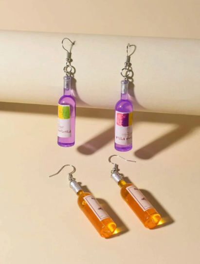 Wine vodka beer earrings | wine blue and pink bottle dangle minimalist earrings | Kawaii drop earrings - TuttyKnitty