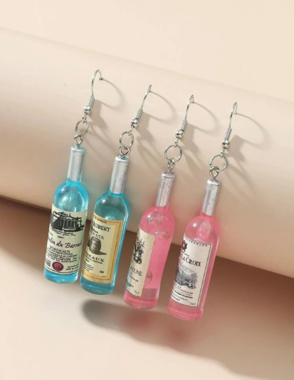 Wine vodka beer earrings | wine blue and pink bottle dangle minimalist earrings | Kawaii drop earrings - TuttyKnitty
