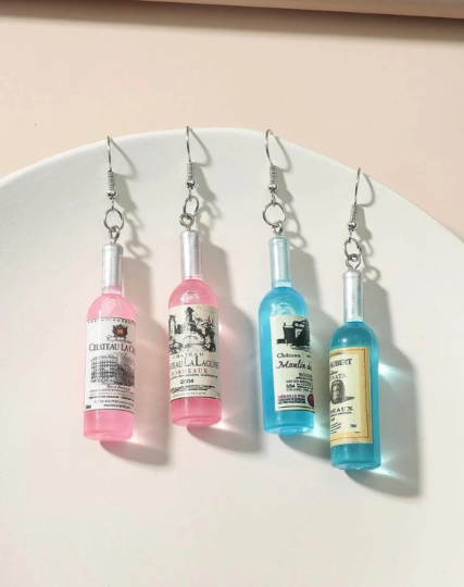 Wine vodka beer earrings | wine blue and pink bottle dangle minimalist earrings | Kawaii drop earrings - TuttyKnitty