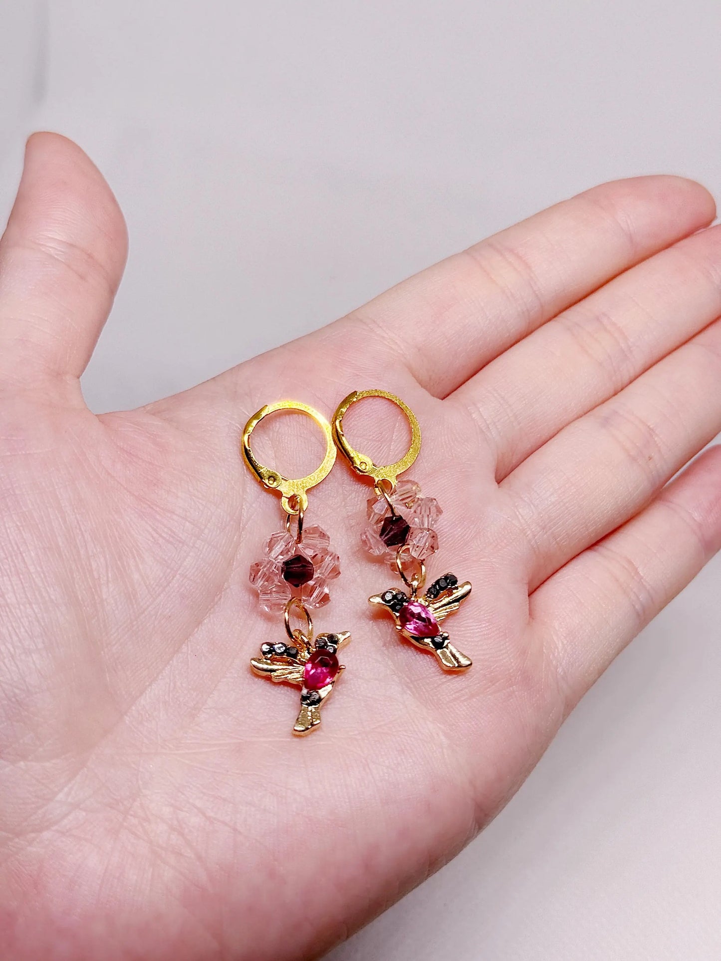 Golden flower humming bird dangle earrings with clear beads | Korean style earrings