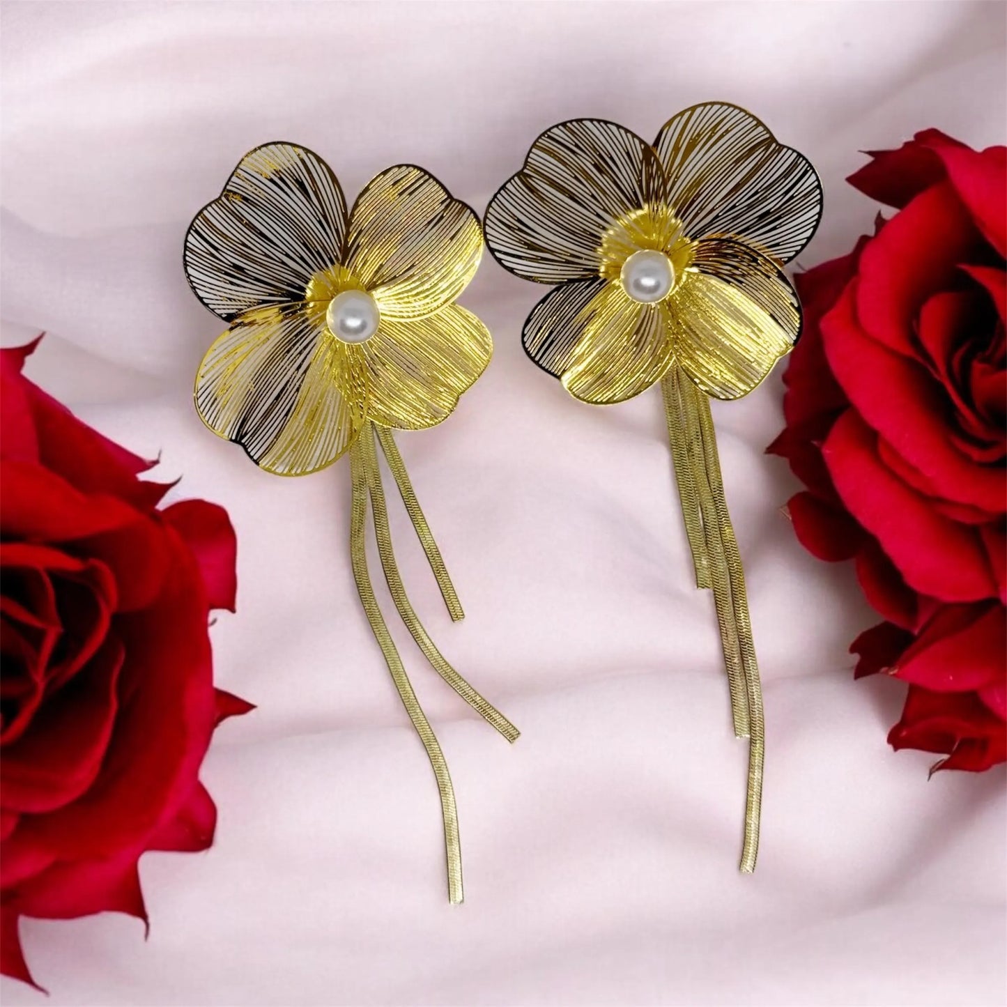 Golden leaf earrings with pearl | 2 way wear | Aesthetic Jewelry gold statement oversize plant earrings | bridal party dinner casual | leaf dangle