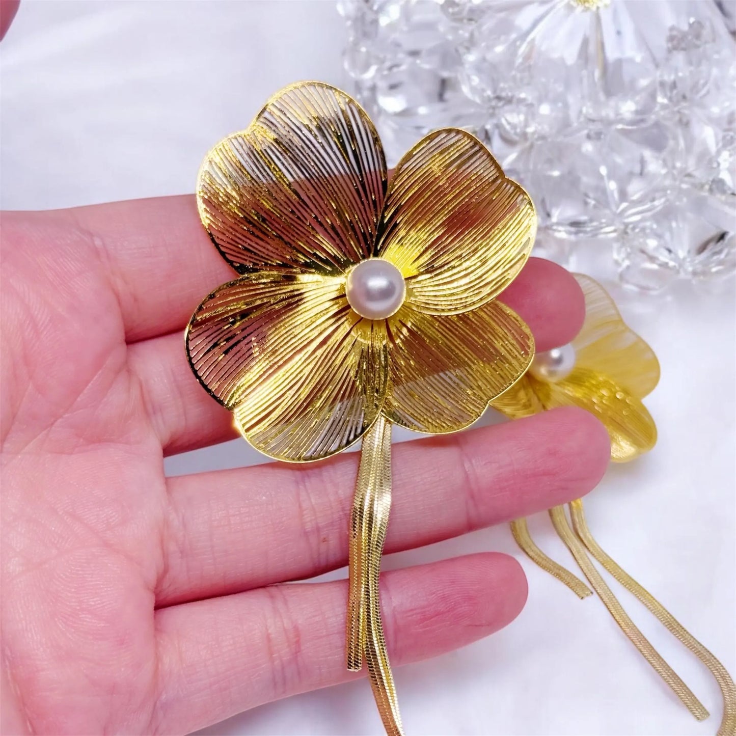 Golden leaf earrings with pearl | 2 way wear | Aesthetic Jewelry gold statement oversize plant earrings | bridal party dinner casual | leaf dangle