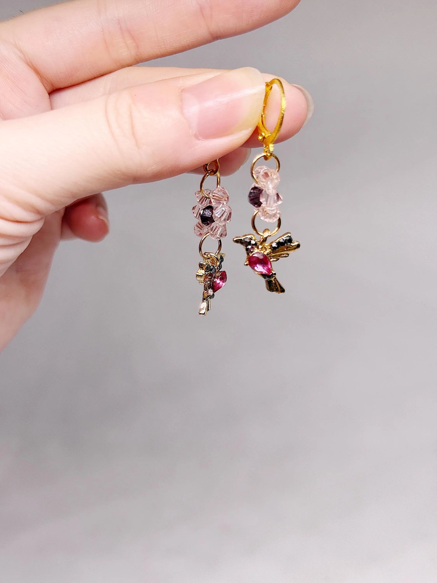 Golden flower humming bird dangle earrings with clear beads | Korean style earrings