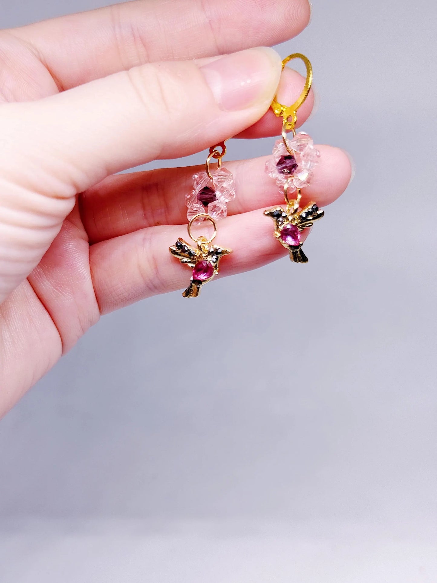 Golden flower humming bird dangle earrings with clear beads | Korean style earrings