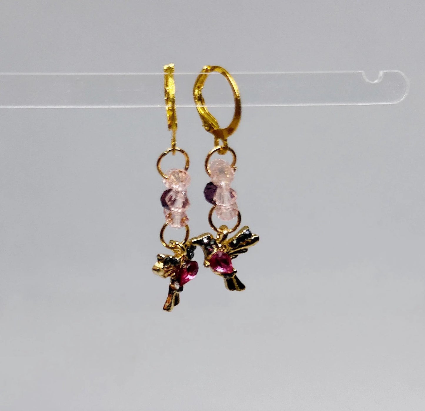 Golden flower humming bird dangle earrings with clear beads | Korean style earrings