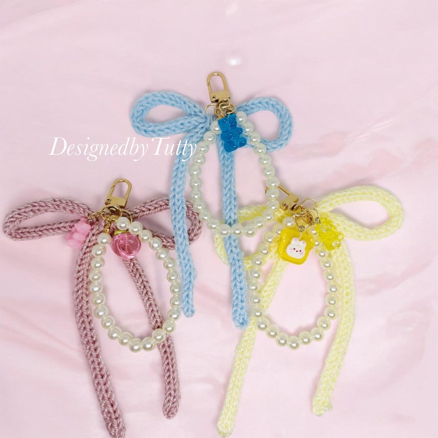Hand knit bow keychain | ribbon key chain | lanyard | y2k chain | bag lover gift | gold heart buckle | gummy bear fruit charms
