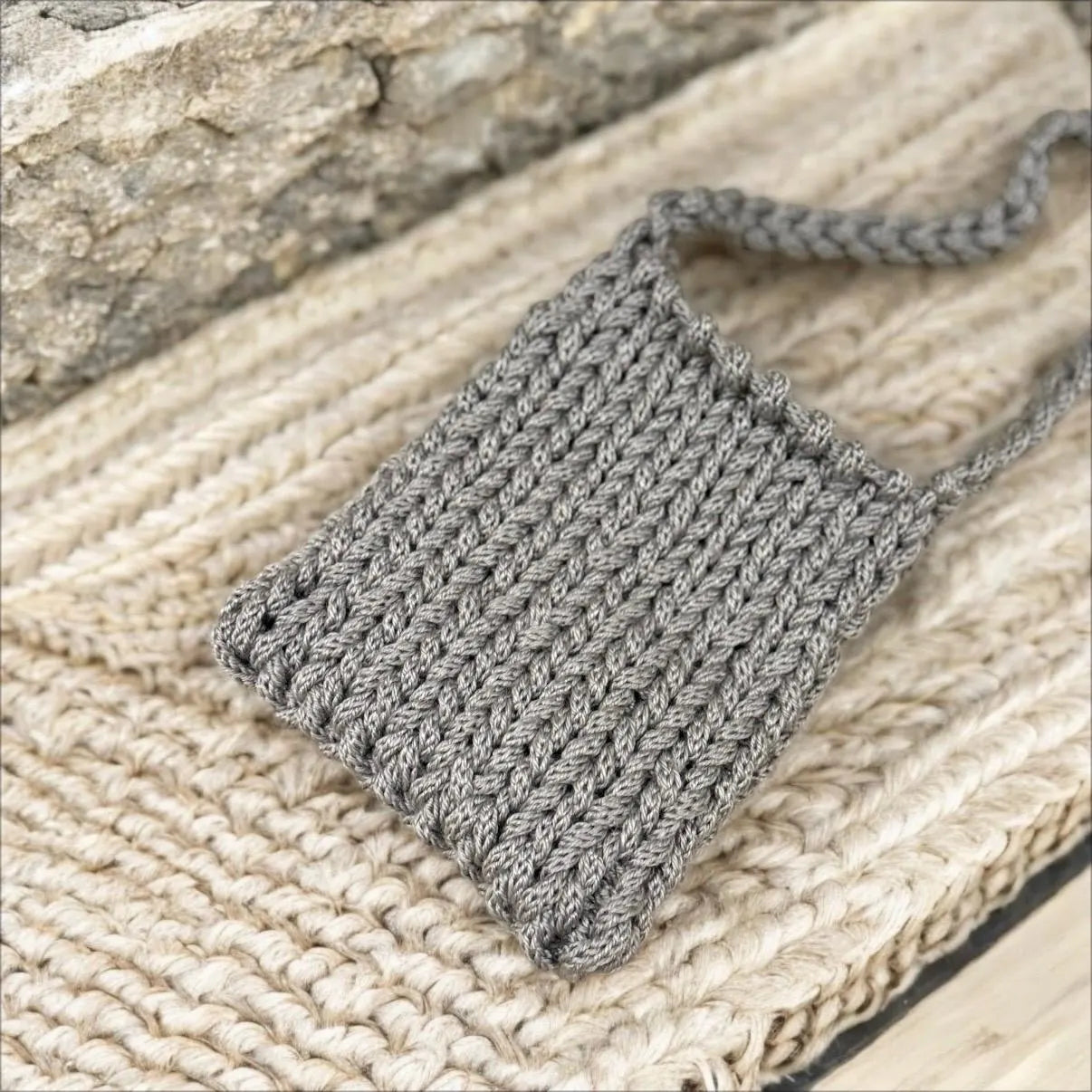Hand knit Chunky Mini bag | handmade yarn bag | heavy duty i-cord bag | beach bag casual bag phone bag mini purse swing bag hand held y2k | 2 way swing bag in silver grey