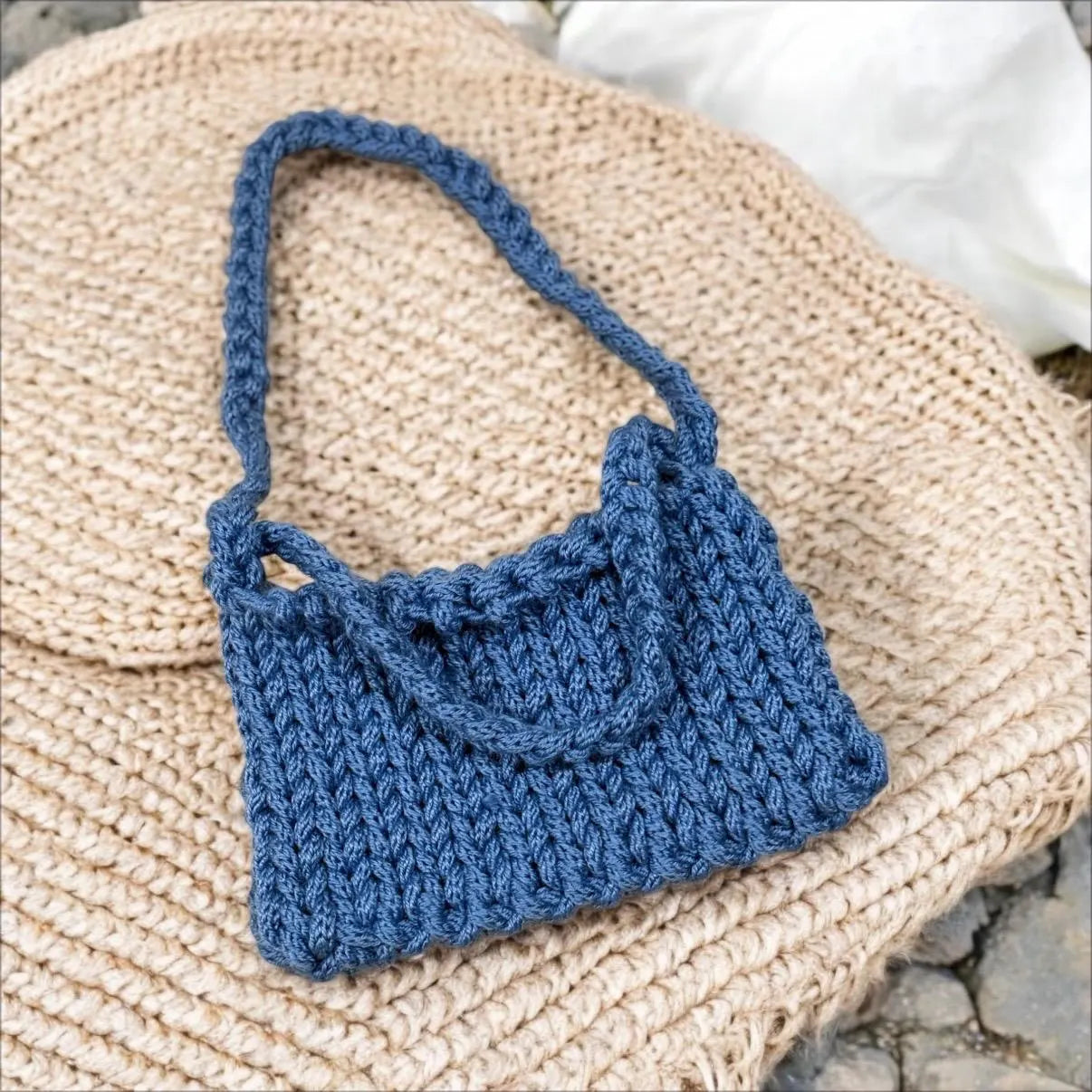 Hand knit Chunky Mini bag | handmade yarn bag | heavy duty i-cord bag | beach bag casual bag phone bag mini purse swing bag hand held y2k | blue bag