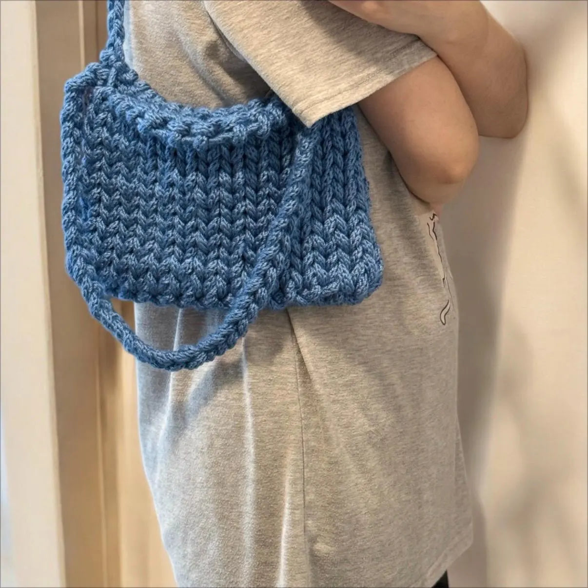 Hand knit Chunky Mini bag | handmade yarn bag | heavy duty i-cord bag | beach bag casual bag phone bag mini purse swing bag hand held y2k | blue bag