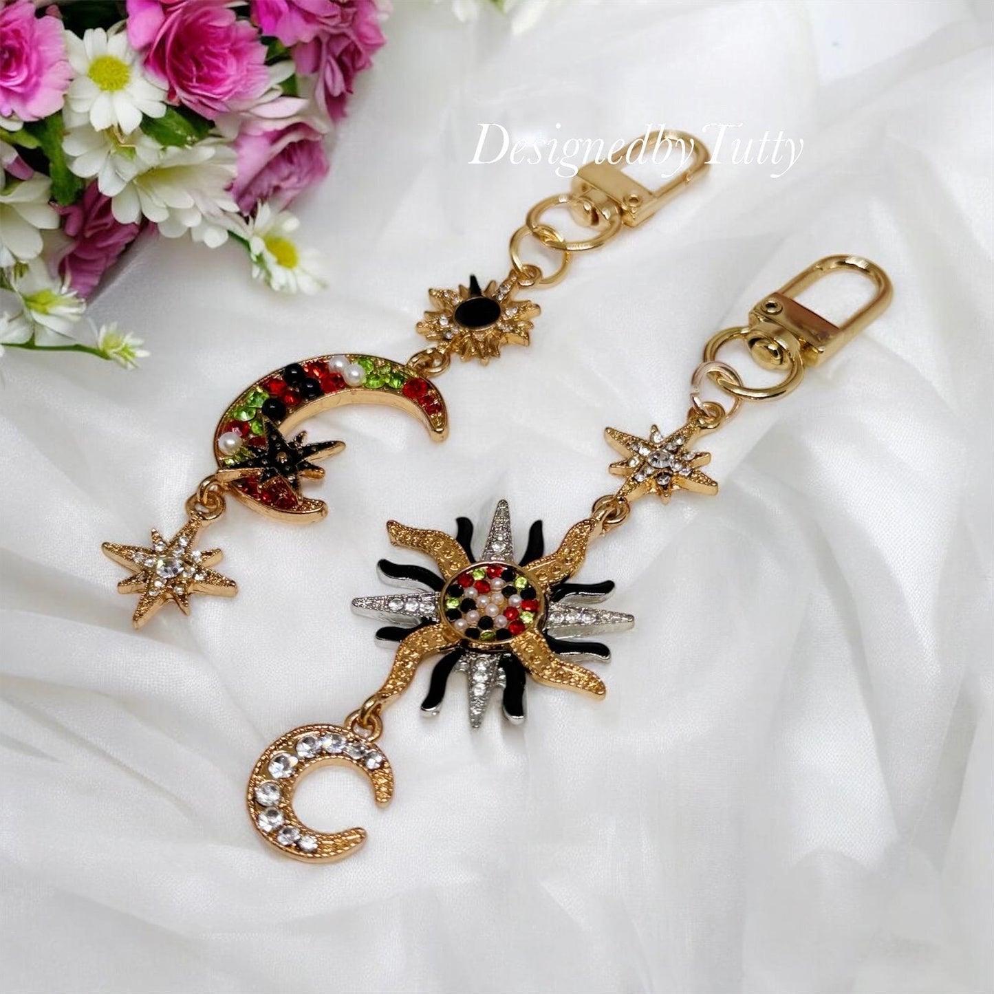 Celestial bag charm | key chain | golden chain with moon and sun | key chain | lanyard | y2k chain | bag lover gift