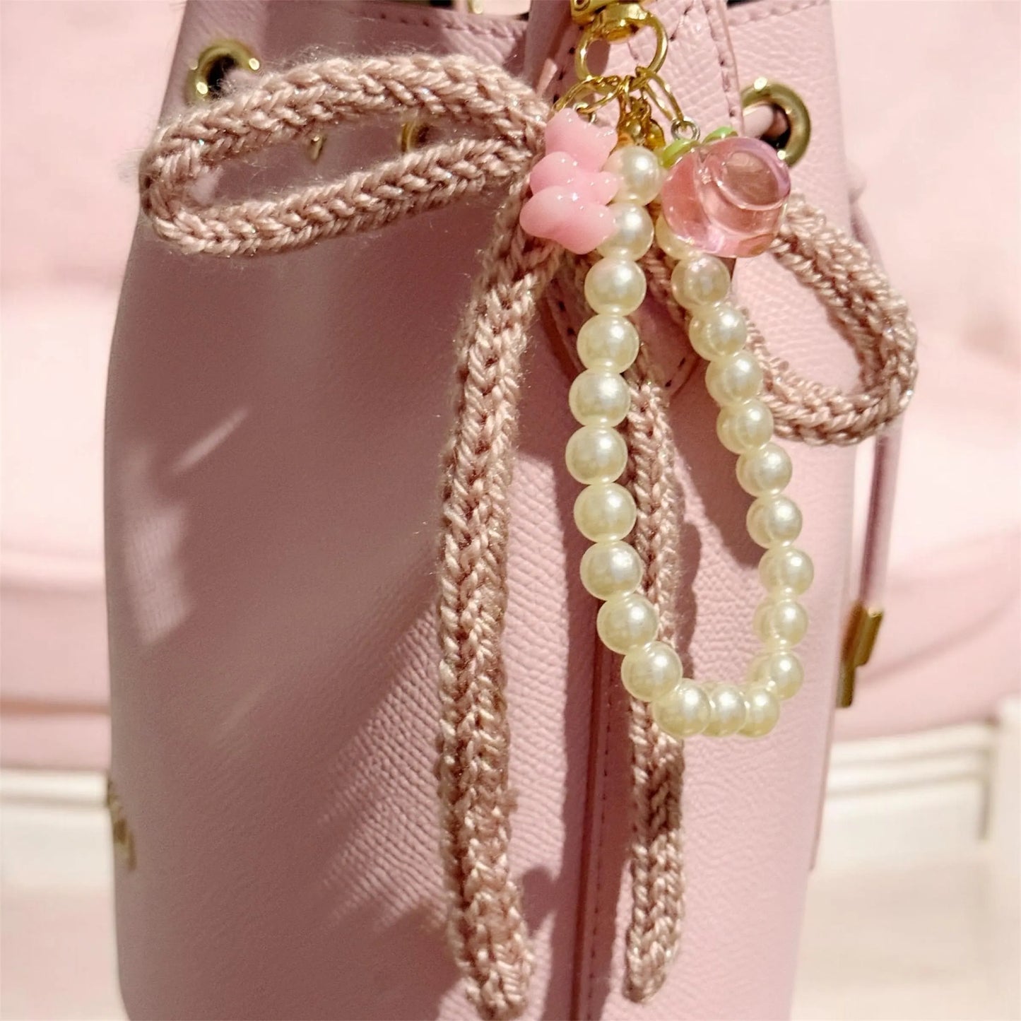 Hand knit bow keychain | ribbon key chain | lanyard | y2k chain | bag lover gift | gold heart buckle | gummy bear fruit charms