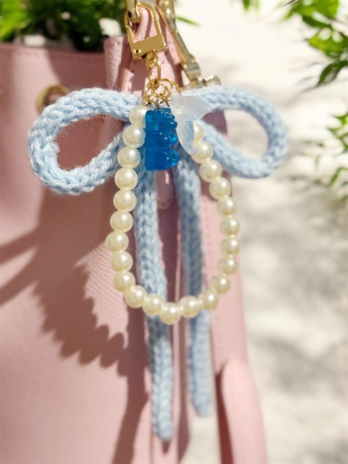 Hand knit bow keychain | ribbon key chain | lanyard | y2k chain | bag lover gift | gold heart buckle | gummy bear fruit charms