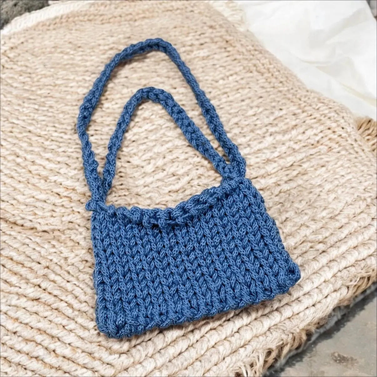 Hand knit Chunky Mini bag | handmade yarn bag | heavy duty i-cord bag | beach bag casual bag phone bag mini purse swing bag hand held y2k | blue bag